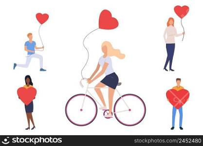 Set of young people with heart balloons. Flat cartoon characters showing symbol of love and affection. Can be used for presentation, commercial, leaflet. Set of young people with heart balloons