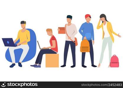Set of young students busy with different activities. Group of flat cartoon characters using portable gadgets. Vector illustration can be used for presentation, educational project, podcast cover. Set of young students busy with different activities