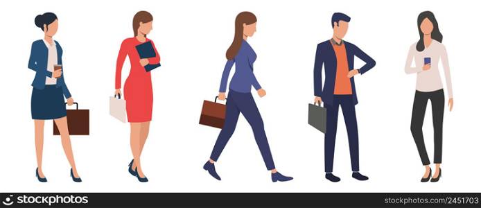 Set of young successful business executives. Business people with briefcases standing or walking. Vector illustration for presentation, career related project, advertisement. Set of young successful business executives