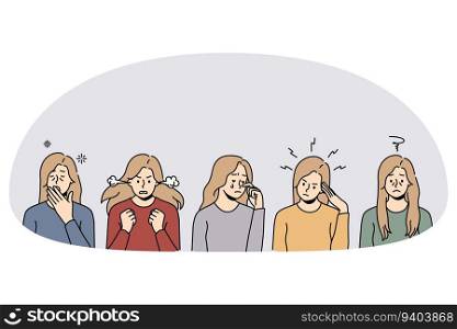 Set of young women having different symptoms and emptions of stress in life. Unhappy distressed females suffer from emotional or nervous breakdown. Flat vector illustration.. Set of women suffer from stress symptoms