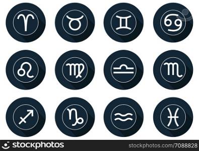 Set of Zodiac Signs Icons. Horoscope signs: Aries, Taurus, Gemini, Cancer, Leo, Virgo, Libra, Scorpio, Sagittarius, Capricorn, Aquarius, Pisces. Flat Style. Vector illustration for Your Design, Web.