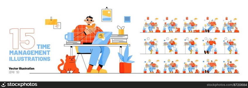 Set office worker time management, emotions and activities. Man and woman sitting at desk work on laptop, eating lunch, sleeping, manager expression and lifestyle, Linear flat vector illustration. Set office worker time management, emotions, work