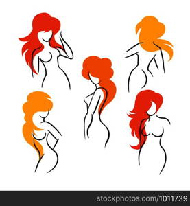 Set ofSexy Long Hair Girls Outline Silhouettes. Vector Illustration