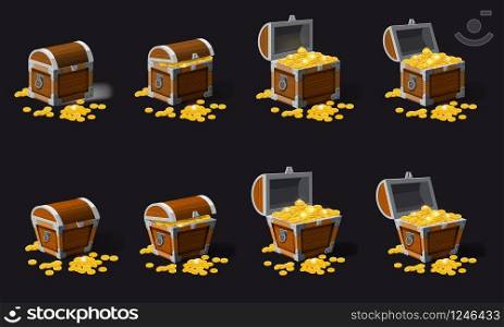 Set old pirate chests full of treasures, gold coins, vector, cartoon style illustration isolated. Set old pirate chests full of treasures, gold coins, vector, cartoon style, illustration, isolated. For games, advertising applications