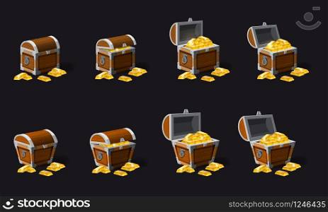 Set old pirate chests full of treasures, gold, vector, cartoon style illustration isolated. Set old pirate chests full of treasures, gold vector, cartoon style, illustration, isolated. For games, advertising applications