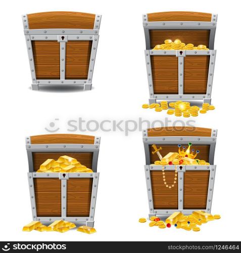 Set old pirate chests full of treasures, gold, vector, cartoon style illustration isolated. Set old pirate chests full of treasures, gold bars, gold coins, crown, dagger, vector, cartoon style, illustration, isolated. For games, advertising applications