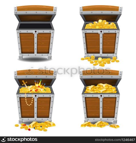 Set old pirate chests full of treasures, gold, vector, cartoon style illustration isolated. Set old pirate chests full of treasures, gold bars, gold coins, crown, dagger, vector, cartoon style, illustration, isolated. For games, advertising applications