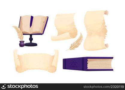 Set Old scroll of parchment, papyrus and feather pen, mystic book in cartoon style isolated on white background. Empty frame, decoration, antique manuscript. . Vector illustration