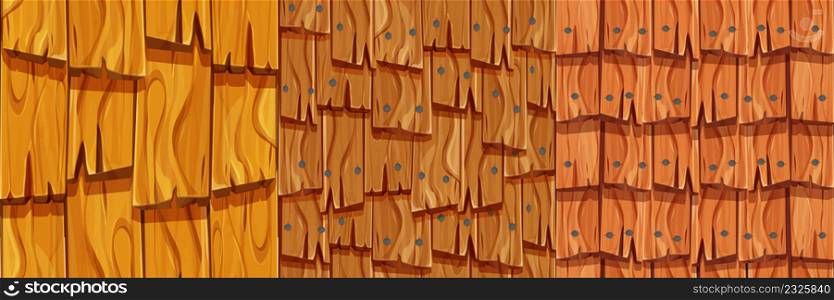 Set old wooden roof, shingles cover from planks with nails, ui game background, seamless pattern in cartoon style isolated. Detailed, textured material. . Vector illustration