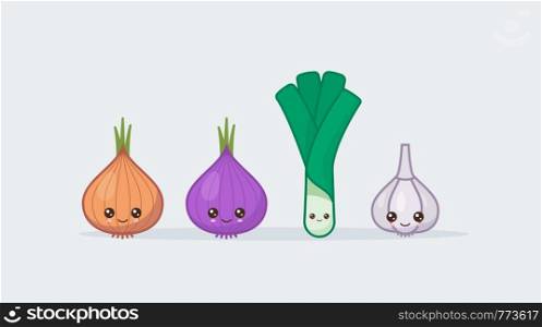 Set onion and garlic. Cute kawaii smiling food. Vector illustration