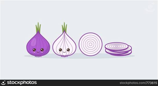 Set onion. Cute kawaii smiling food. Vector illustration