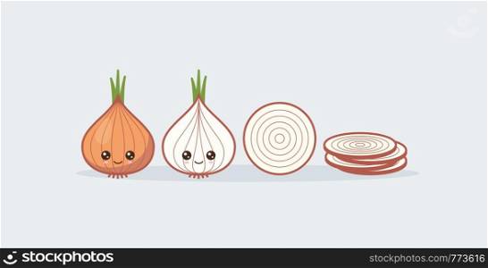 Set onion. Cute kawaii smiling food. Vector illustration