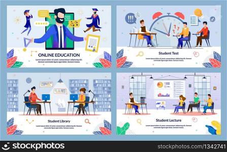 Set Online Education, Student Lecture, Cartoon. Banner Student Library, Student Test. Guy and Girl are Sitting Library at Table and Looking at Laptop, Doing Online Recordings. Vector Illustration.