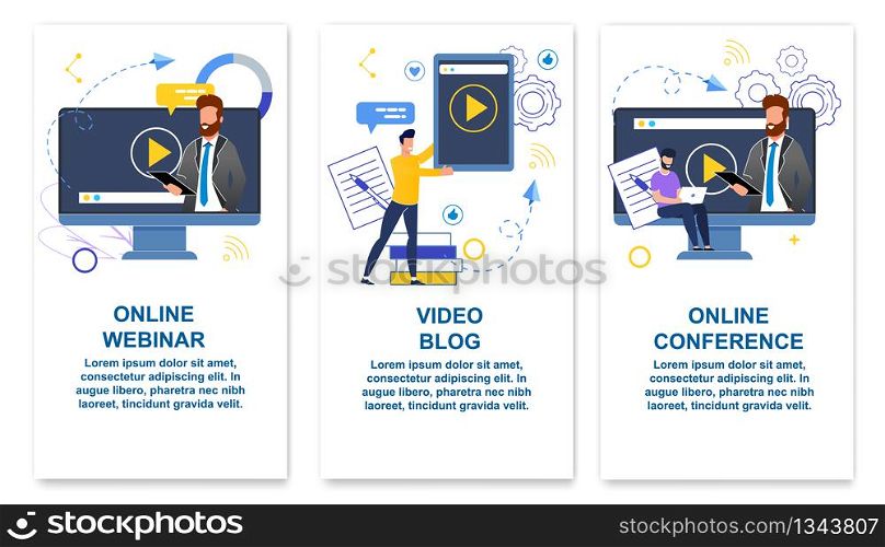Set Online Webinar, Video Blog, Online Conference. He is Conducting Online Training. Guy Writes Video Blog and Puts it to View Internet. Men Participate in Conference. Vector Illustration.