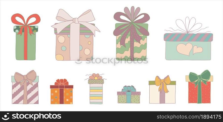 Set or collection cute hand drawn colored gift boxes in doodle style. Christmas gift box or for birthday and party and anniversaries or for the new year. Isolated vector illustration