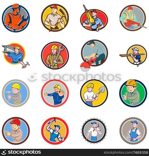 Set or Collection of cartoon character icon style illustration of bust of construction worker, carpenter,engineer or builder at work set inside circle, round or oval shape on isolated white background.. Construction Worker Circle Icon Set