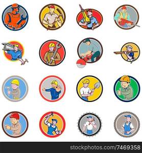 Set or Collection of cartoon character icon style illustration of bust of construction worker, carpenter,engineer or builder at work set inside circle, round or oval shape on isolated white background.. Construction Worker Circle Icon Set