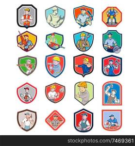 Set or Collection of cartoon character icon style illustration of construction worker, carpenter,engineer or builder set in crest or shield on isolated white background.. Construction Worker Icon Shield Set