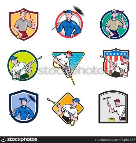 Set or collection of cartoon character mascot icon style illustration of a window cleaner, janitor, chimney sweeper, janitor and pressure spray washer set in circle, crest or shield on isolated white background.. Cleaner Icon Cartoon Set