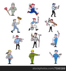 Set or collection of cartoon character mascot illustration of tradesman, industrial worker like plumber, mechanic, mason, carpenter, construction worker, handyman, painter on isolated background.. Tradesman Industrial Worker Cartoon Full Body Set Collection