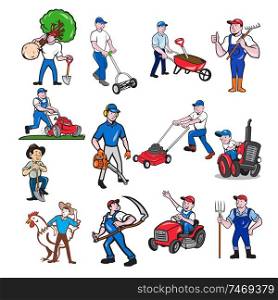 Set or collection of cartoon character mascot style illustration of a agricultural worker, gardener or farmer riding tractor, ride-on lawnmower, mower, holding scythe, shovel tool on isolated white background.. Agricultural Worker Mascot Cartoon Set