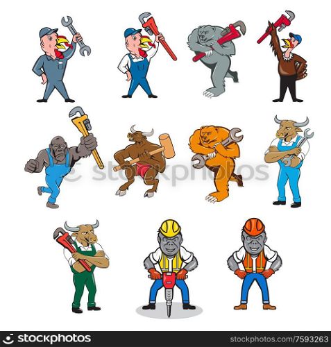 Set or collection of cartoon character mascot style illustration of an animal tradesman like a turkey, bear, bull, gorilla that is a plumber, mechanic and construction worker on isolated white background.. Animal Tradesman Mascot Cartoon Set
