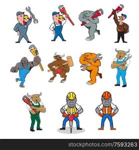Set or collection of cartoon character mascot style illustration of an animal tradesman like a turkey, bear, bull, gorilla that is a plumber, mechanic and construction worker on isolated white background.. Animal Tradesman Mascot Cartoon Set