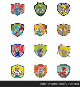 Set or collection of cartoon character mascot style illustration of animals like bull, gorilla, duck, dragon, dog, cow, bulldog, texas longhorn in different industrial occupation jobs set inside shield.. Cartoon Animals Industrial Jobs Set Collection Shield