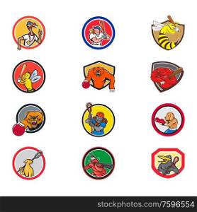 Set or collection of cartoon character mascot style illustration of animals like turkey, wasp, bee, bear, gorilla,dog, shrimp, crow engaged in sports or sporting on isolated white background.. Cartoon Animals Sports Activity Mascot Set Collection