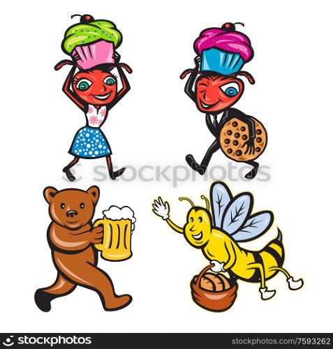 Set or collection of cartoon character mascot style illustration of animals with food like ant carrying cookie and muffin, bear serving beer and honeybee with bread on isolated white background.. Animals With Food Mascot Cartoon Set