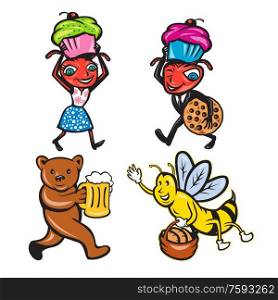 Set or collection of cartoon character mascot style illustration of animals with food like ant carrying cookie and muffin, bear serving beer and honeybee with bread on isolated white background.. Animals With Food Mascot Cartoon Set