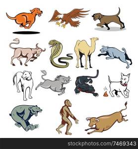 Set or collection of cartoon character mascot style illustration of farm animal and wildlife like dog, cow, bear, ape, eagle, camel, snake, wild boar and panther on isolated white background.. Farm Animal and Wildlife Mascot Cartoon Set