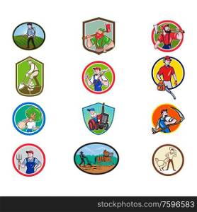 Set or collection of cartoon character mascot style illustration of farmer, gardener, agriculturist, horticulturist, landscaper, lumberjack set in circle or crest on isolated white background.. Farmer Gardener Cartoon Mascot Collection Set