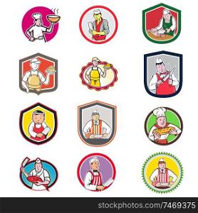 Set or collection of cartoon character mascot style illustration of food worker such as chef, cook, baker, cheesemaker, fishmonger or butcher set in circle, crest or shield on isolated white background.. Food Worker Icon Cartoon Set