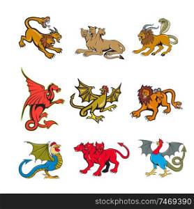 Set or collection of cartoon character mascot style illustration of mythical creatures like the chimera, cerberus, dragon and basilisk on isolated white background.. Mythical Creature Mascot Set