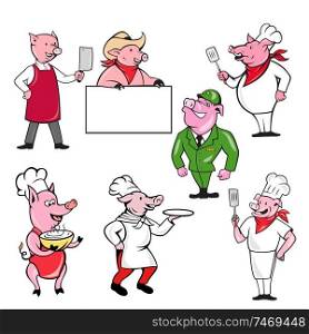 Set or collection of cartoon character mascot style illustration of pig, hog or boar as worker, chef, cook, butcher, waiter, cowboy, soldier, military personnel, general on isolated white background.. Pig Worker Mascot Cartoon Set