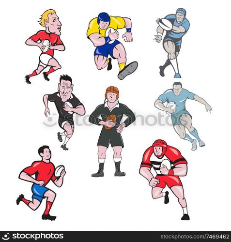Set or collection of cartoon character mascot style illustration of rugby union or rugby league player running, passing pigskin ball on isolated white background.. Rugby Player Mascot Cartoon Set