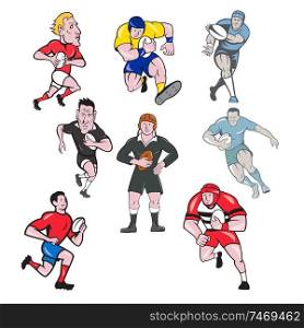 Set or collection of cartoon character mascot style illustration of rugby union or rugby league player running, passing pigskin ball on isolated white background.. Rugby Player Mascot Cartoon Set
