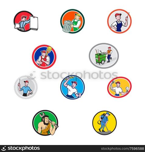 Set or collection of cartoon character mascot style illustration of tradesman, industrial worker like garbage collector, mechanic, electrician, cleaner, mechanic set in circle on isolated background.. Tradesman Industrial Worker Cartoon Set Collection