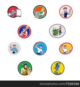 Set or collection of cartoon character mascot style illustration of tradesman, industrial worker like garbage collector, mechanic, electrician, cleaner, mechanic set in circle on isolated background.. Tradesman Industrial Worker Cartoon Set Collection