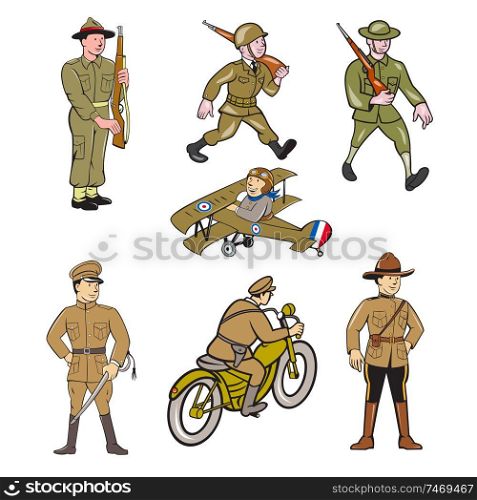 Set or collection of cartoon character mascot style illustration of World War One military soldier like the British , American, French and Japanese army on isolated white background.. World War One Soldier Cartoon Set