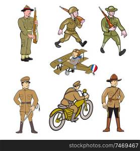 Set or collection of cartoon character mascot style illustration of World War One military soldier like the British , American, French and Japanese army on isolated white background.. World War One Soldier Cartoon Set