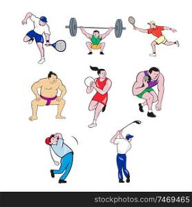 Set or collection of cartoon character sport mascot style illustration of a sumo wrestler, tennis player, weightlifter, netball player, shotput and golfer on isolated white background.. Sports Mascot Cartoon Set