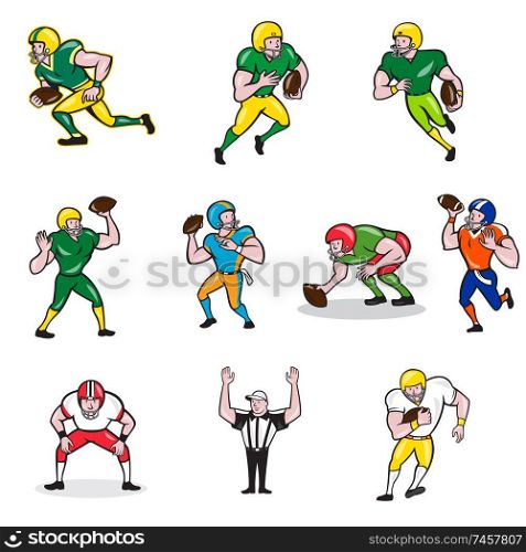 Set or Collection of cartoon character style illustration of American football player in different roles like quarterback, running back, center,wide receiver,tackle, guard and referee on isolated white background.. American Football Player Cartoon Collection Set