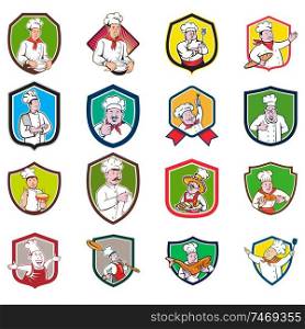 Set or Collection of cartoon character style illustration of bust of a chef, baker or cook set inside crest or shield on isolated white background.. Chef Baker Cook Crest Cartoon Set