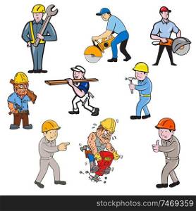 Set or Collection of cartoon character style illustration of construction worker, carpenter,engineer or builder at work in full body on isolated white background.. Construction Worker Set