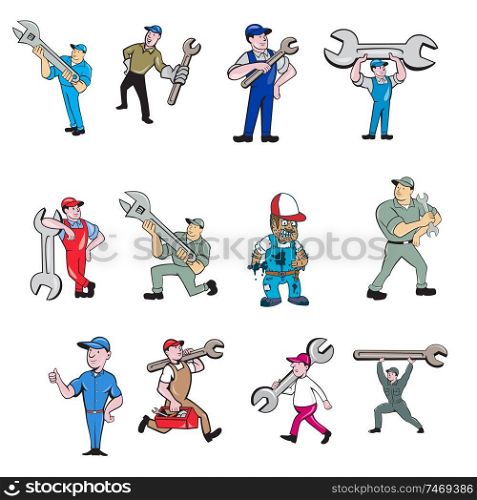 Set or Collection of cartoon character style illustration of mechanic, technician, tireman, auto mechanic or industrial worker in full body on isolated white background.. Mechanic Collection Set
