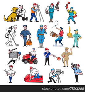 Set or collection of cartoon mascot style illustration of tradesman, surveyor, plumber, cleaner, paramedic, policeman, lion trainer, locksmith, gardener, glassmaker, carpet layer, cameraman and barber on isolated background.. Tradesman Mascot Cartoon Set