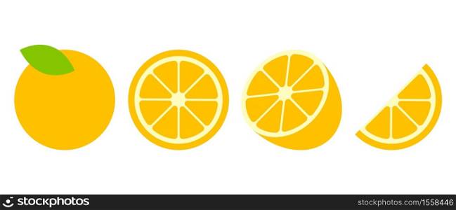 Set Orange fruit and slices on white background. Fresh Oranges.. Set Orange fruit and slices on white background.