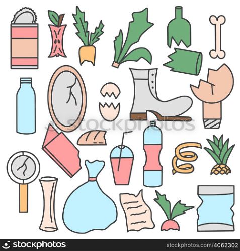 Set organic and household garbage vector illustration. Plastic, glass and leftover food. Hand drawn bundle recycling, trash sorting and environmental pollution. Set organic and household garbage vector illustration
